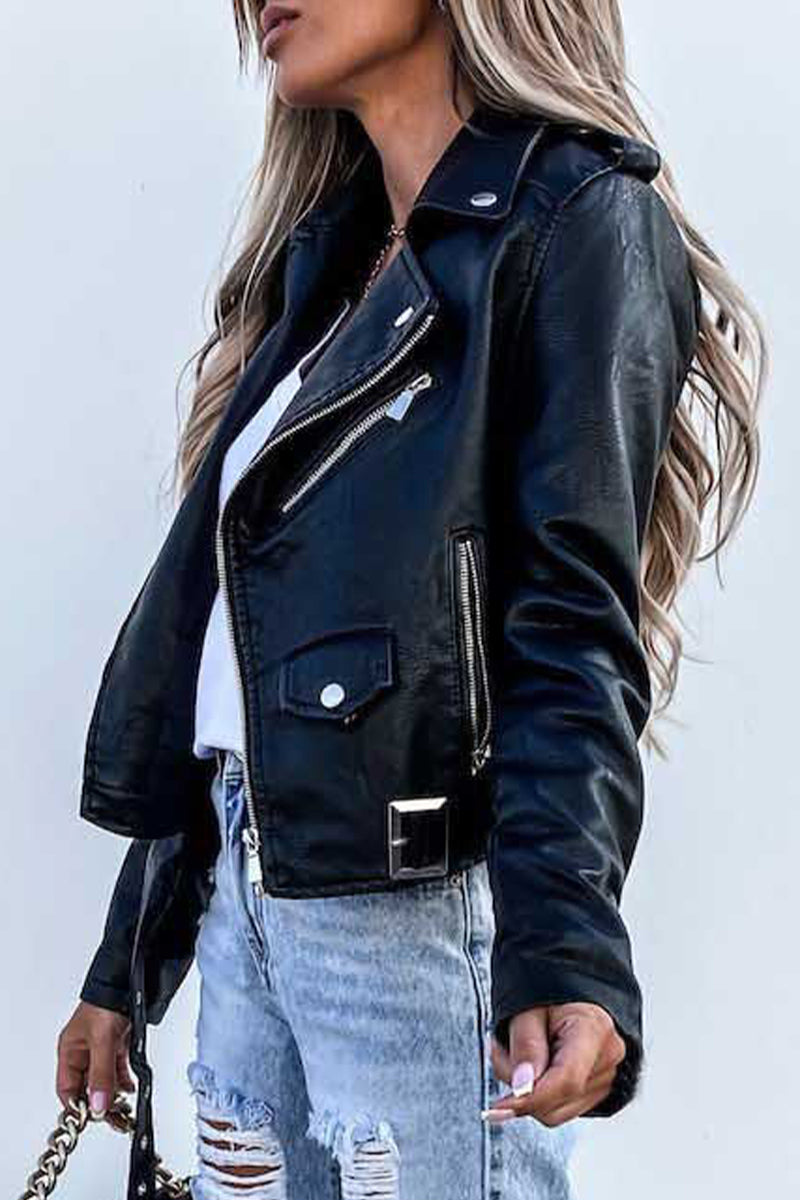 Kaynafashions - Street Solid Zipper Turndown Collar Outerwear