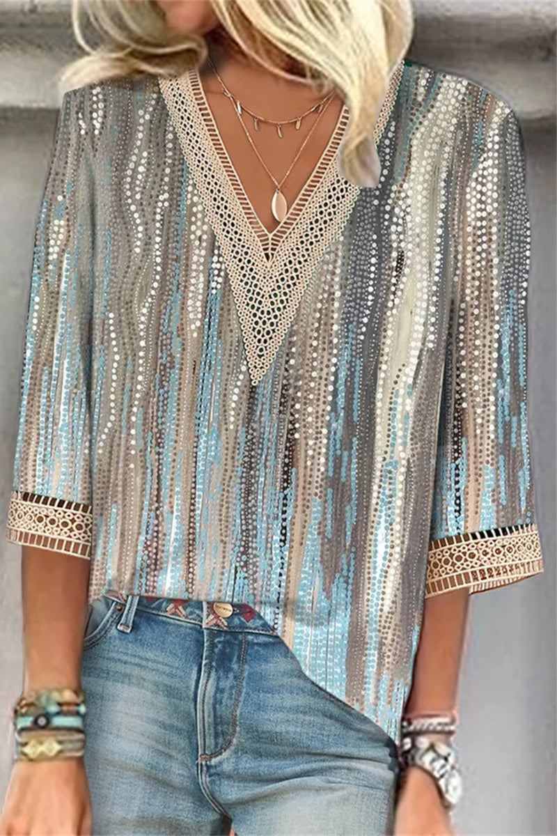 Kaynafashions - Casual Street Print Patchwork V Neck T-Shirts