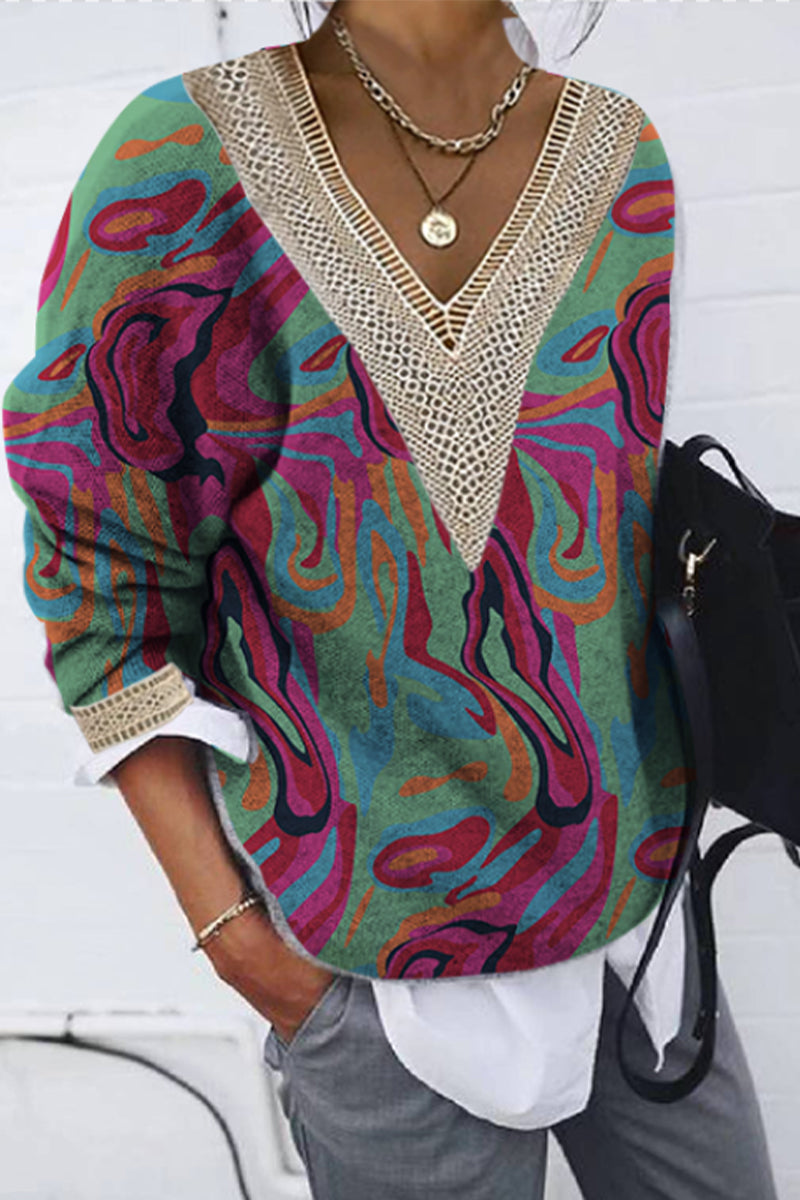 Kaynafashions - Casual Print Patchwork V Neck Tops