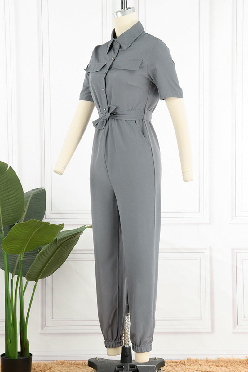 Kaynafashions - Casual Daily Solid Frenulum With Belt Turndown Collar Regular Jumpsuits(10 Colors)