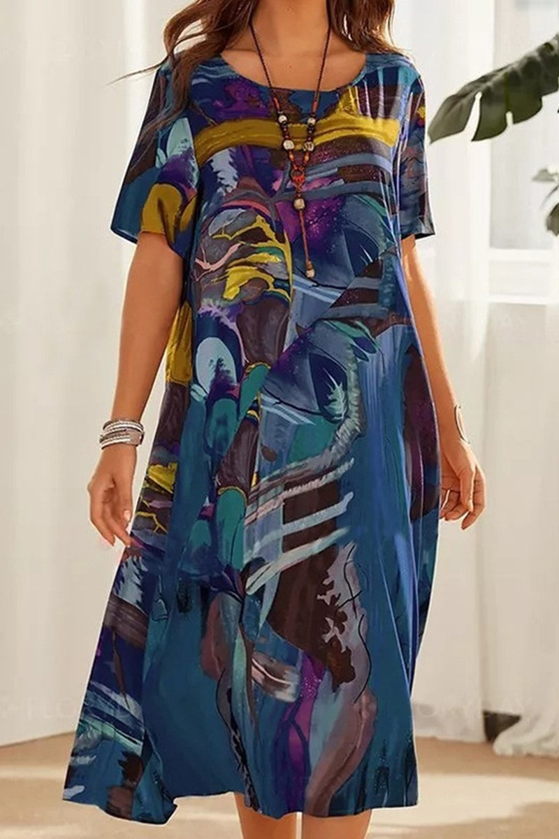 Kaynafashions - Casual College Print Patchwork O Neck Printed Dress Dresses(5 Colors)