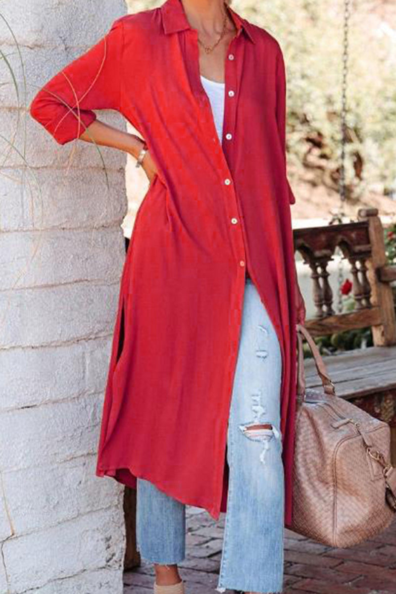 Kaynafashions - Casual Solid Buckle Turndown Collar Shirt Dress Dresses