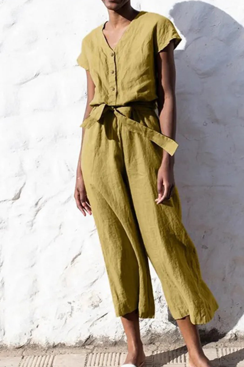 Kaynafashions - Casual British Style Solid Frenulum V Neck Loose Jumpsuits