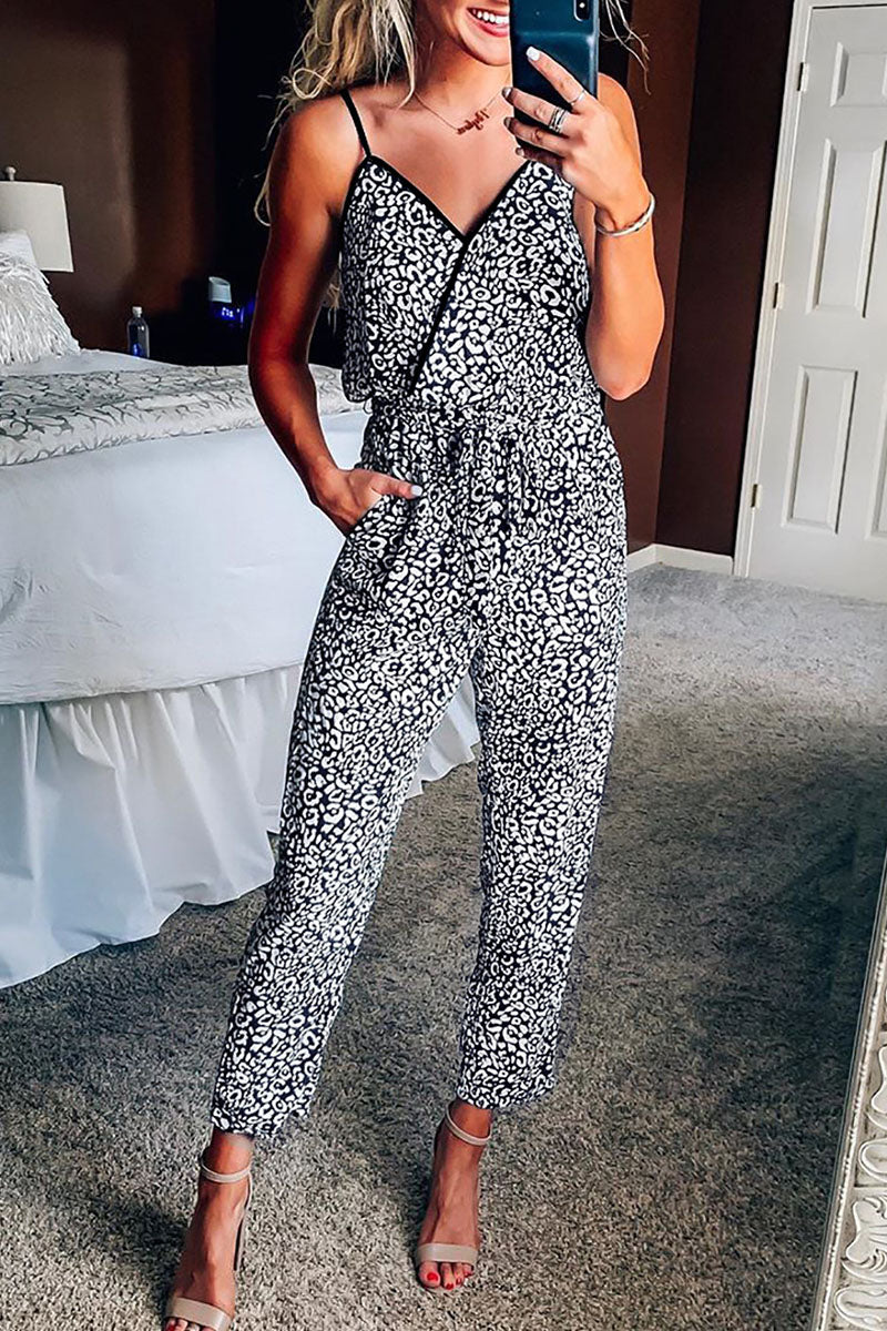 Kaynafashions - Street Print Leopard Patchwork Spaghetti Strap Regular Jumpsuits