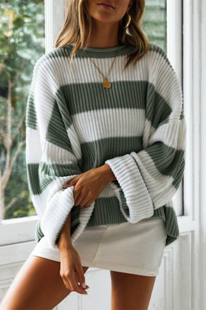 Kaynafashions - Fashion Sweet Striped Contrast O Neck Sweaters(5 Colors)