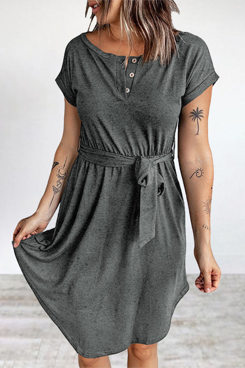 Kaynafashions - Casual Daily Solid Buttons O Neck Short Sleeve Dress Dresses