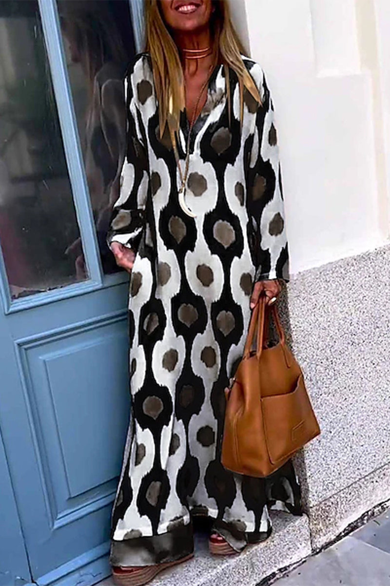 Kaynafashions - Casual Geometric Print Patchwork V Neck Printed Dress Dresses