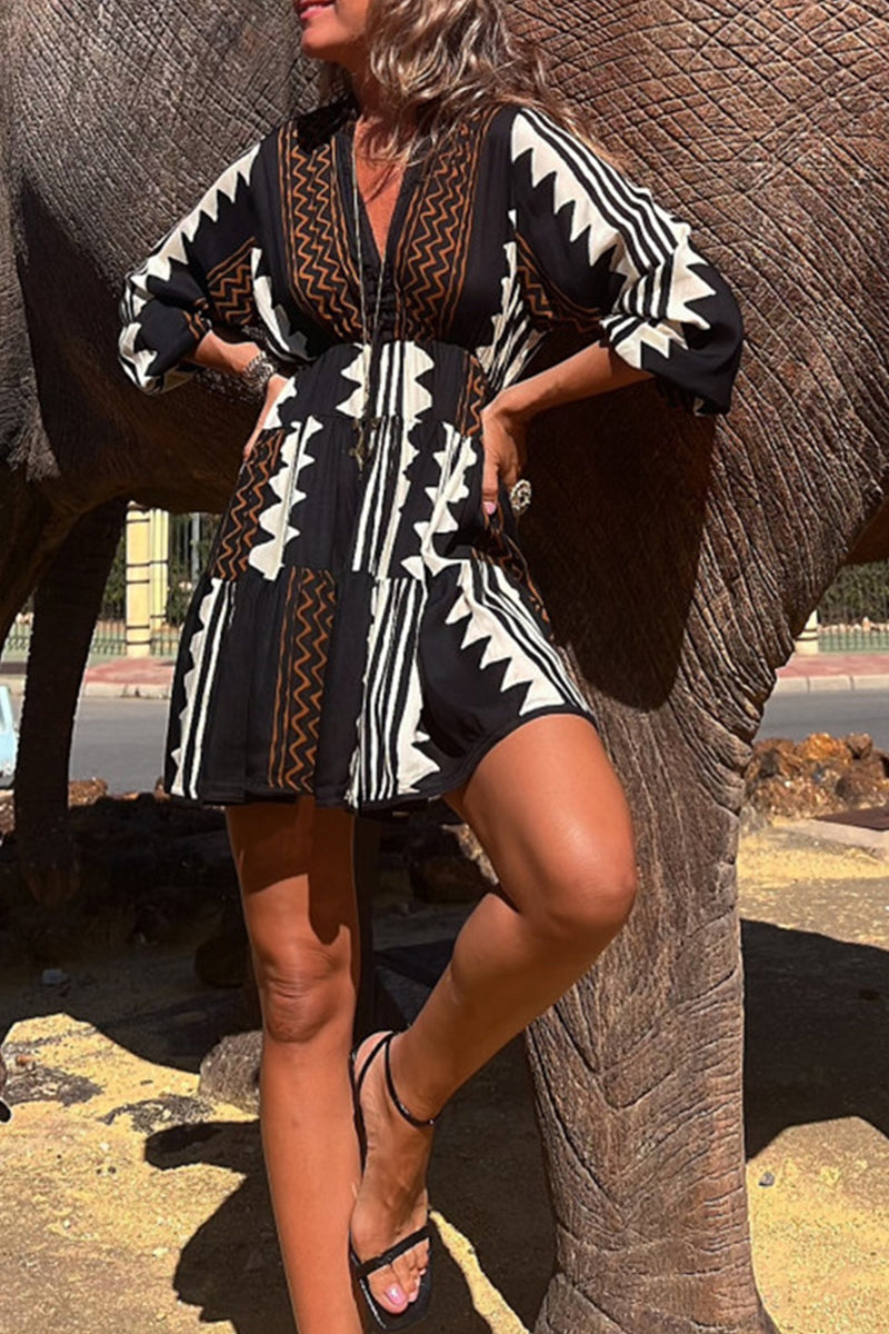 Kaynafashions - Elegant College Geometric Patchwork V Neck Printed Dress Dresses