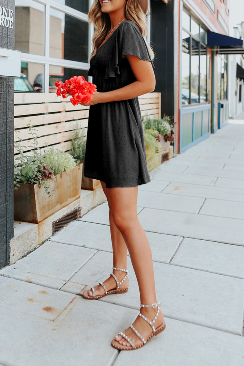 Kaynafashions - Casual Solid Flounce V Neck Cake Skirt Dresses(5 colors)