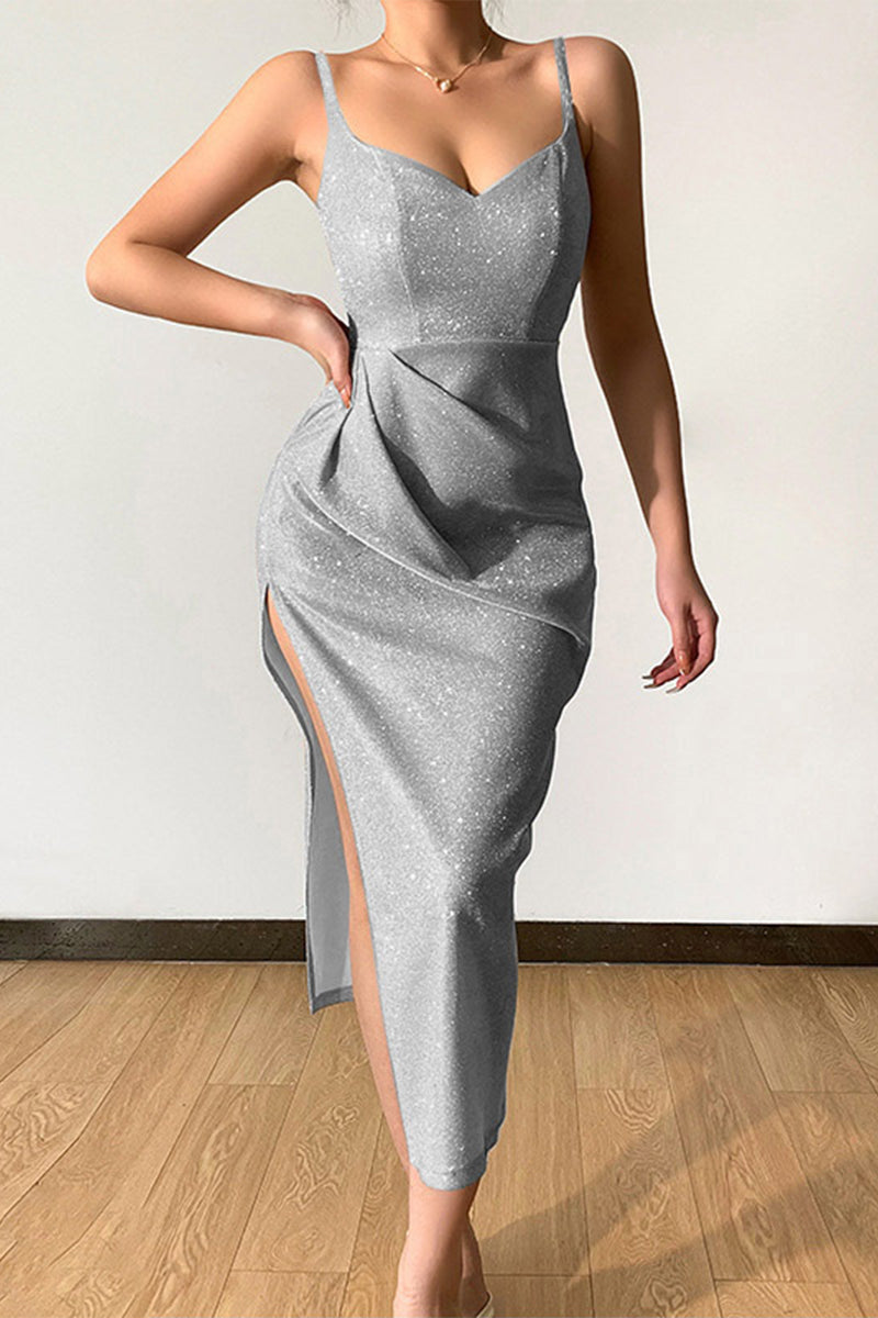 Kaynafashions - Sexy Elegant Solid Sequins Sequined V Neck Sling Dress Dresses(8 Colors)