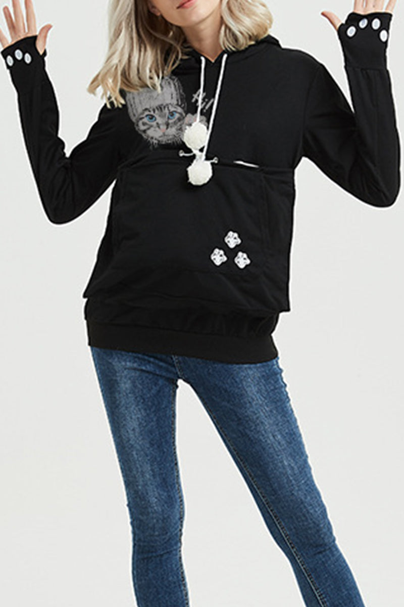 Kaynafashions - Casual Print Pocket Hooded Collar Tops