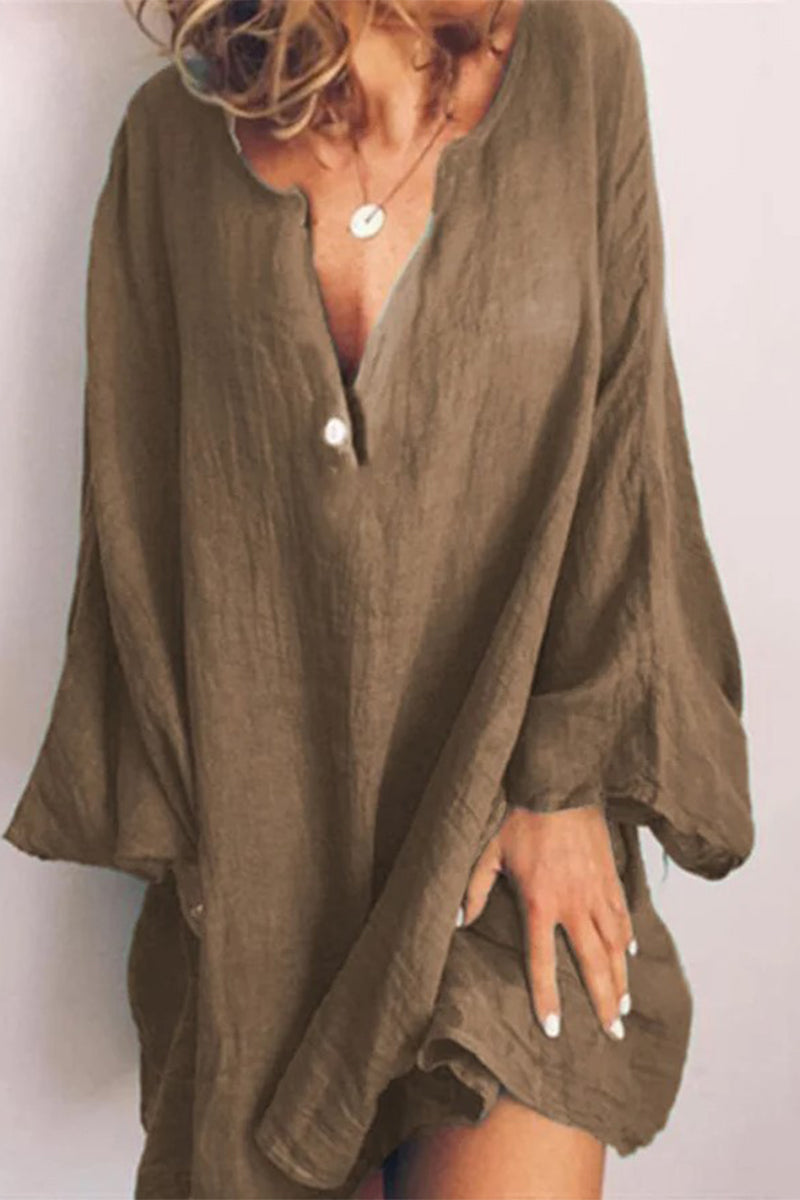 Kaynafashions - Plus Size Casual Solid Buttons V Neck Long Sleeve Dresses