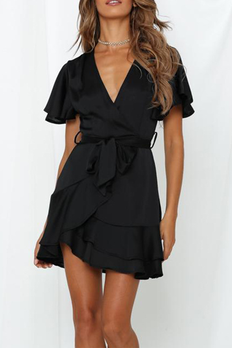 Kaynafashions - Fashion Print Patchwork V Neck Cake Skirt Dresses(4 colors)