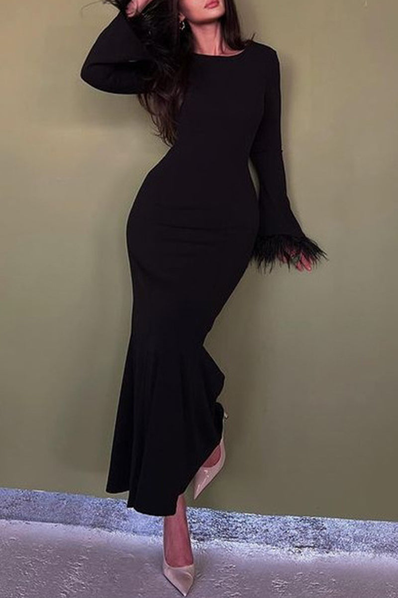 Kaynafashions - Celebrities Elegant Solid Feathers Wrapped Skirt Dresses