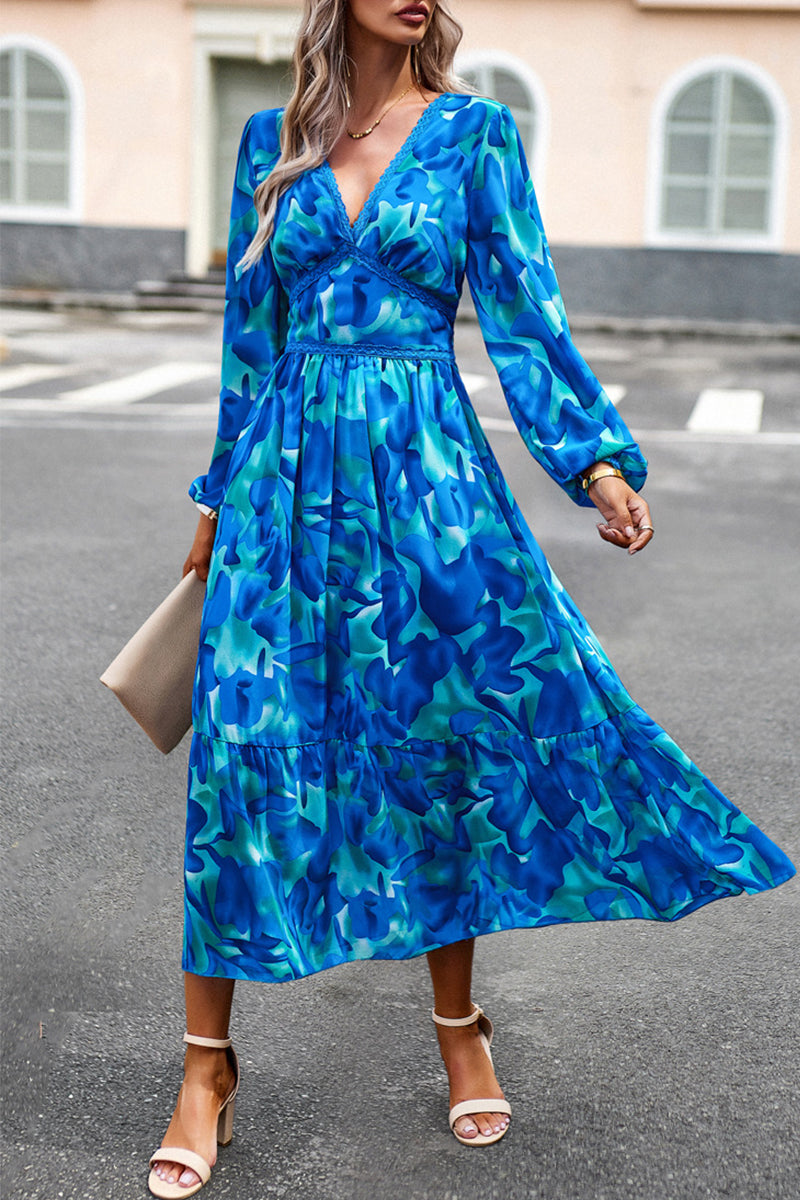 Kaynafashions - Elegant Geometric Printing V Neck A Line Dresses