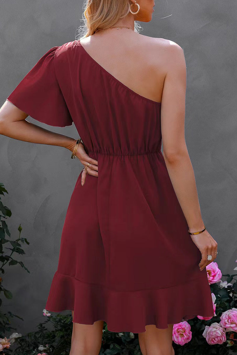 Kaynafashions - Street Simplicity Solid Flounce Oblique Collar Irregular Dress Dresses