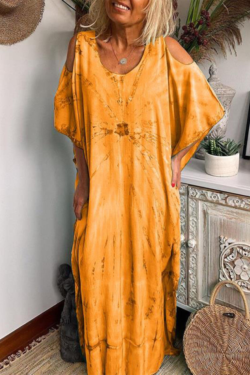 Kaynafashions - Casual Tie Dye Patchwork O Neck Short Sleeve Dress Dresses(4 Colors)