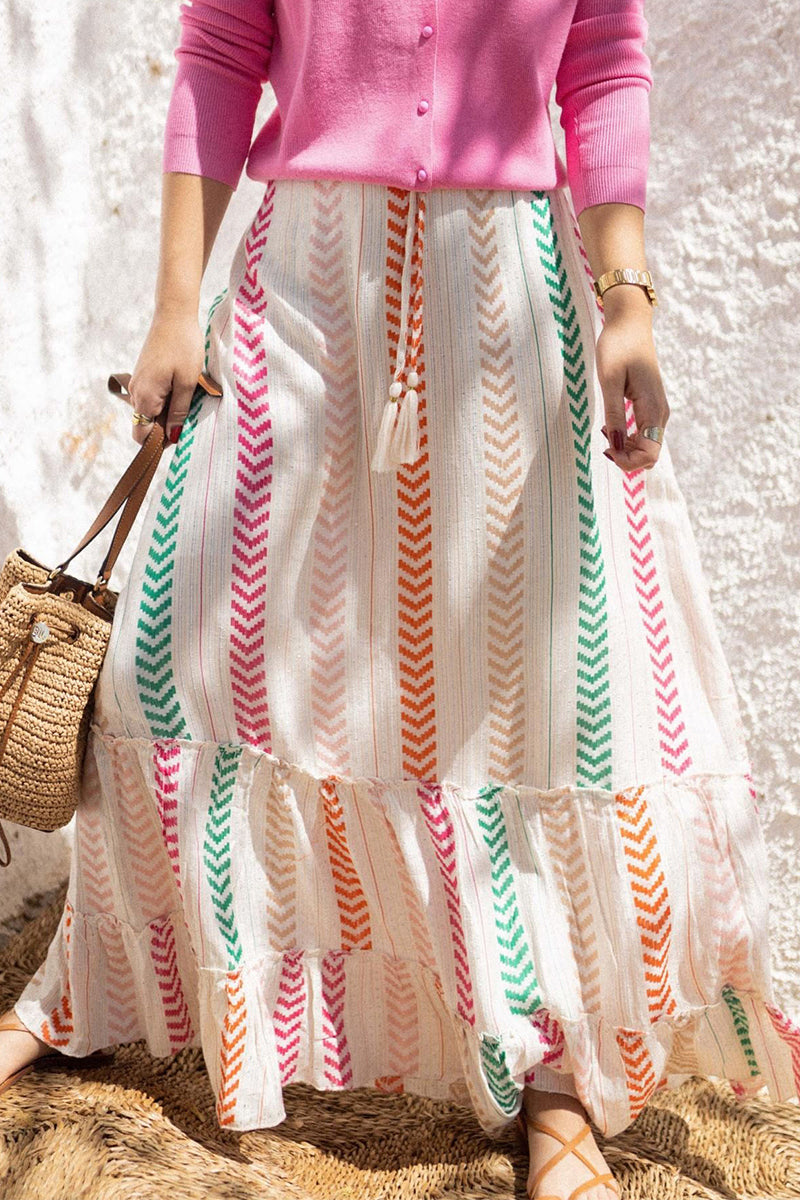 Kaynafashions - Coastal Comforts Ethnic Print Drawstring Elastic Waist Maxi Skirt