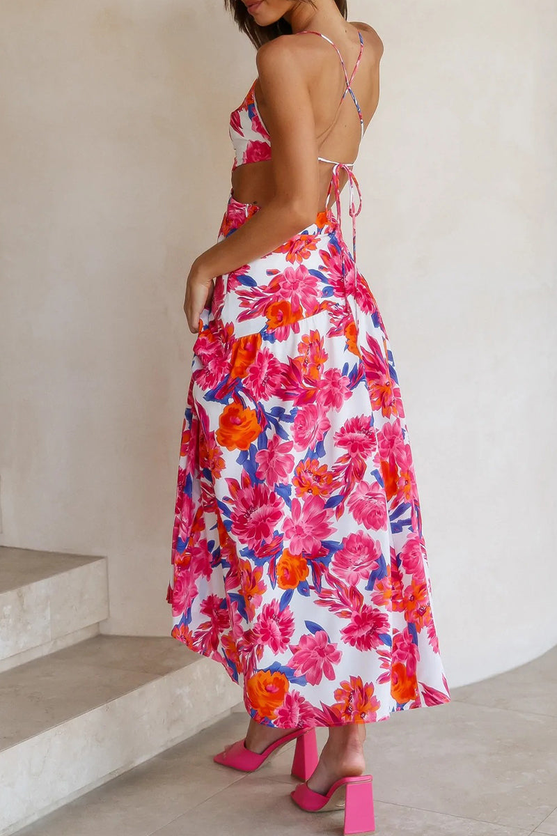 Kaynafashions - Elegant Print Frenulum Oblique Collar A Line Dresses