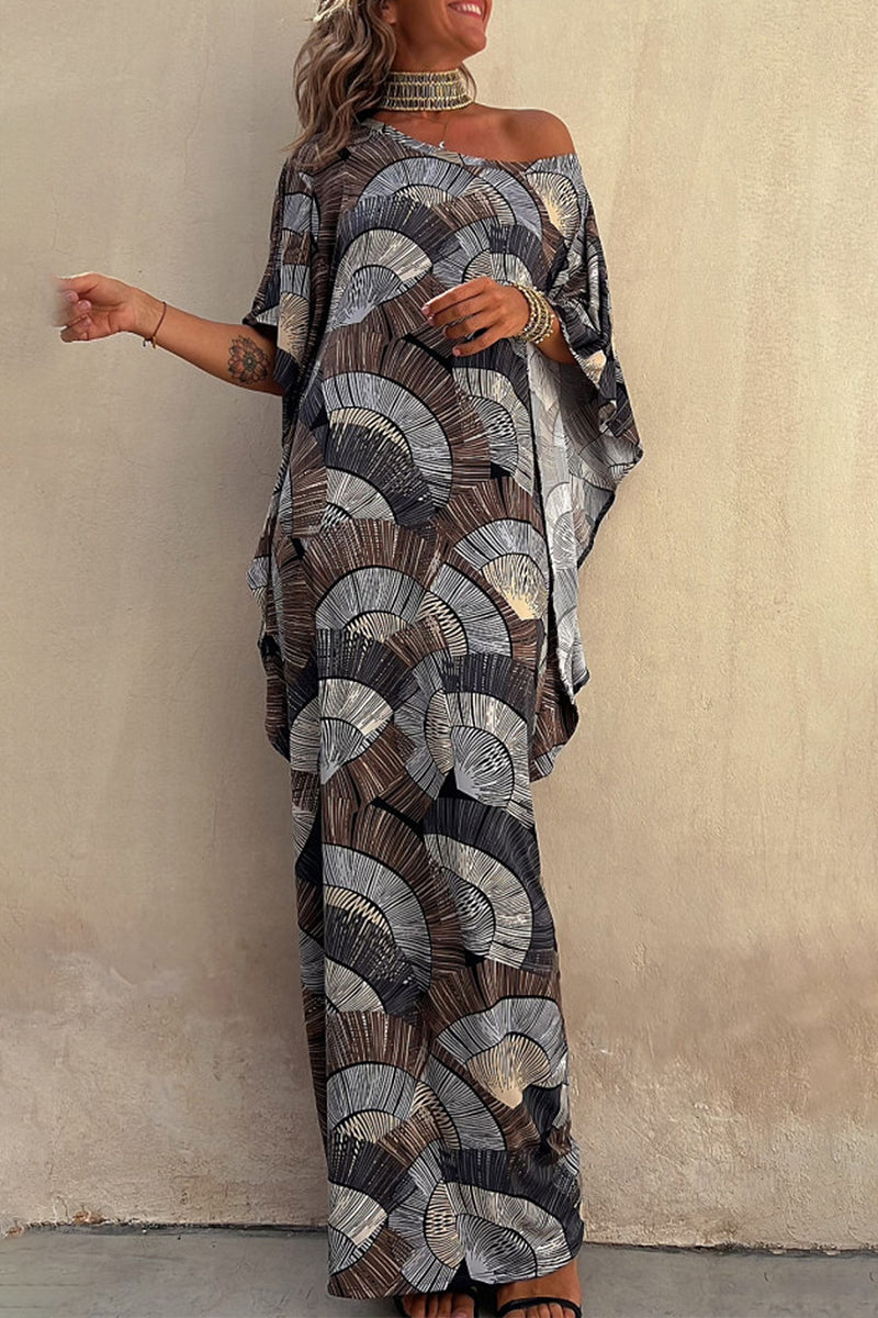 Kaynafashions - Casual Vacation Geometric Patchwork Fold U Neck Irregular Dress Dresses