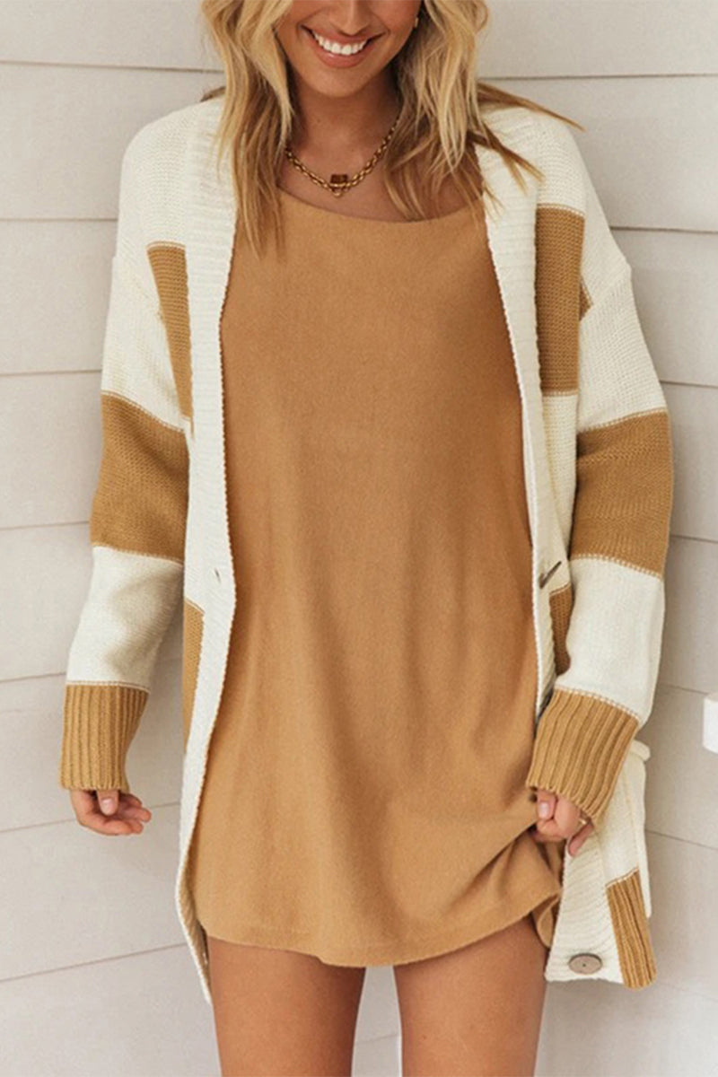 Kaynafashions - Casual Striped Patchwork Contrast Cardigan Collar Tops(3 Colors)