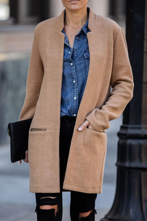 Kaynafashions - Casual Solid Pocket Zipper Mandarin Collar Outerwear