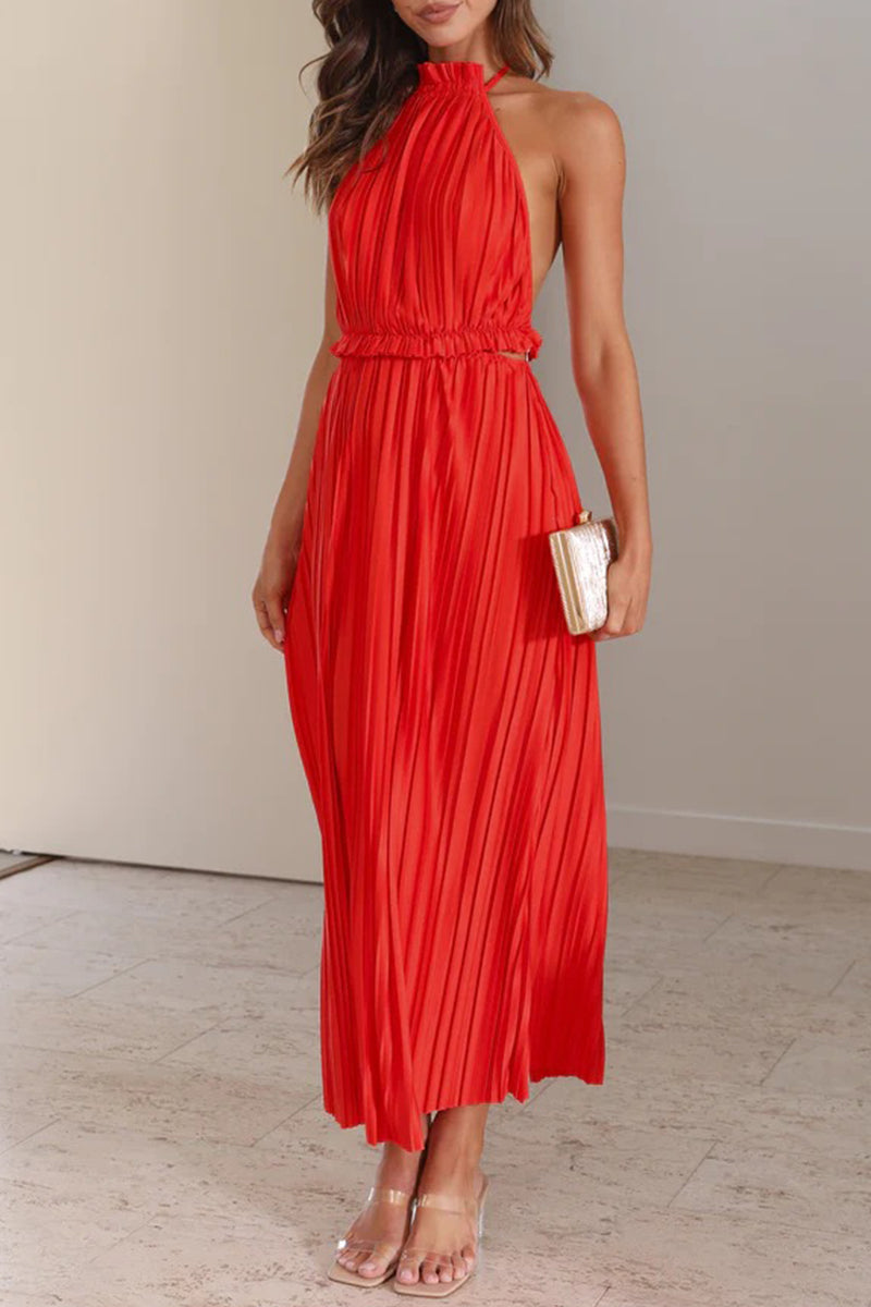 Kaynafashions - Elegant Solid Backless Fold Halter Waist Skirt Dresses(4 Colors)