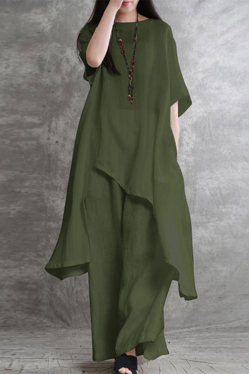 Kaynafashions - Casual Solid Pocket Asymmetrical O Neck Two Pieces