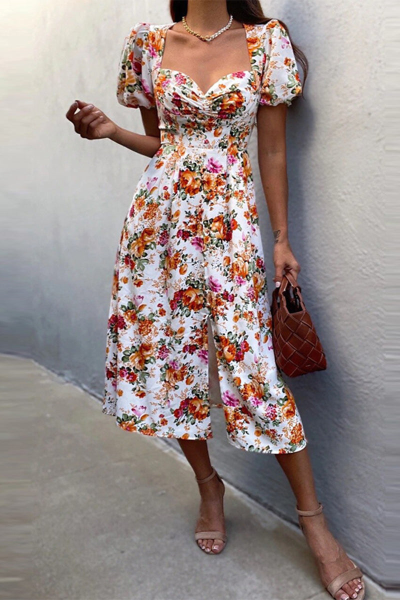 Kaynafashions - Sweet Elegant Print Printing V Neck A Line Dresses(6 Colors)