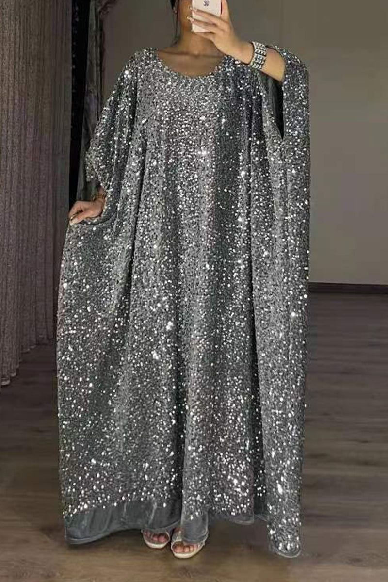 Kaynafashions - College Solid Sequins Sequined U Neck Long Sleeve Dresses