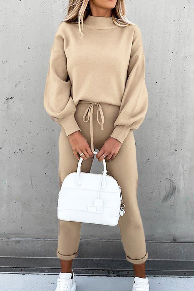 Kaynafashions - Casual Simplicity Solid Patchwork Half A Turtleneck Long Sleeve Two Pieces