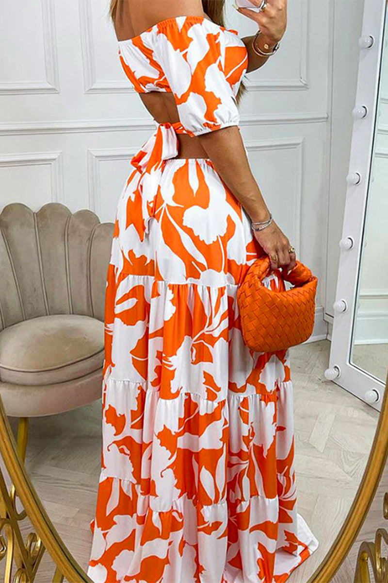 Kaynafashions - Sexy Elegant Print Frenulum Off the Shoulder Printed Dress Dresses(4 Colors)