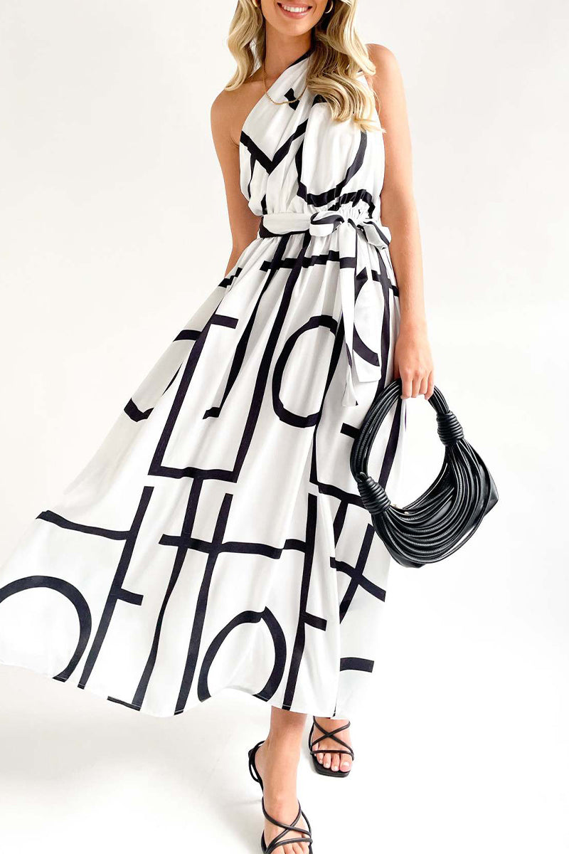 Kaynafashions - Street College Geometric Printing Oblique Collar Sleeveless Dress Dresses