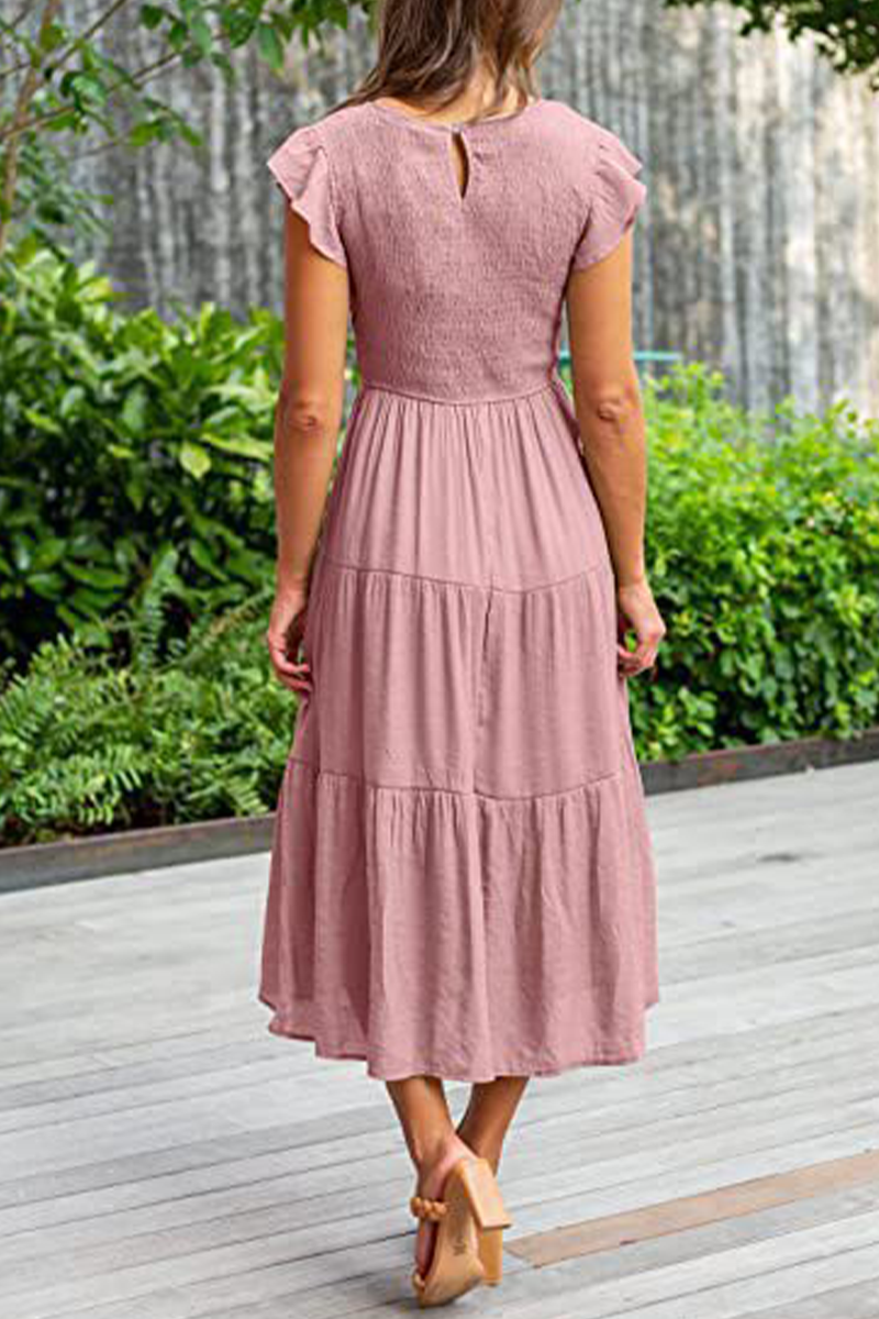 Kaynafashions - Fashion Solid Flounce O Neck Cake Skirt Dresses(9 colors)