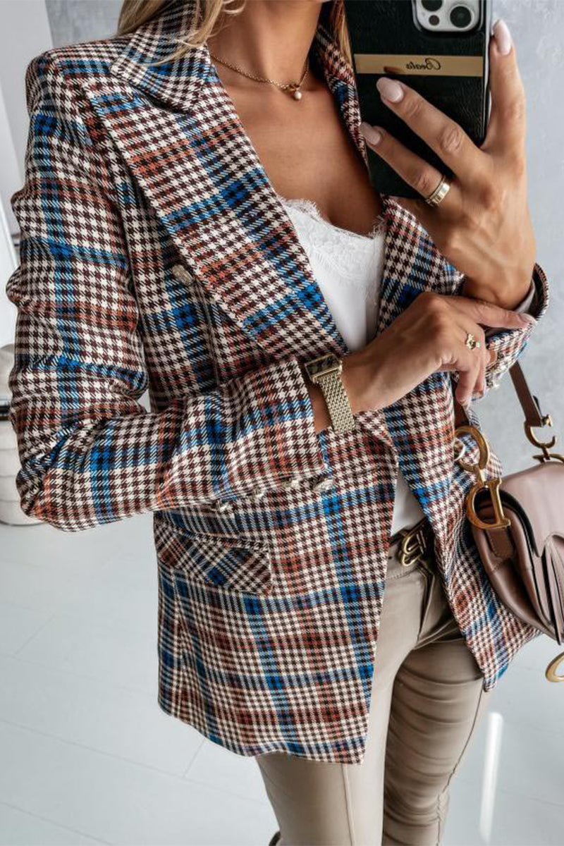 Kaynafashions - Work Elegant Plaid Print Patchwork Turn-back Collar Outerwear