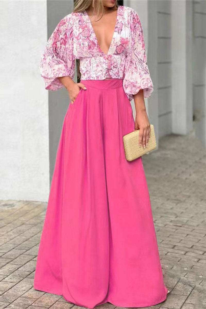 Kaynafashions - Casual Street Print Patchwork V Neck Long Sleeve Two Pieces(5 Colors)