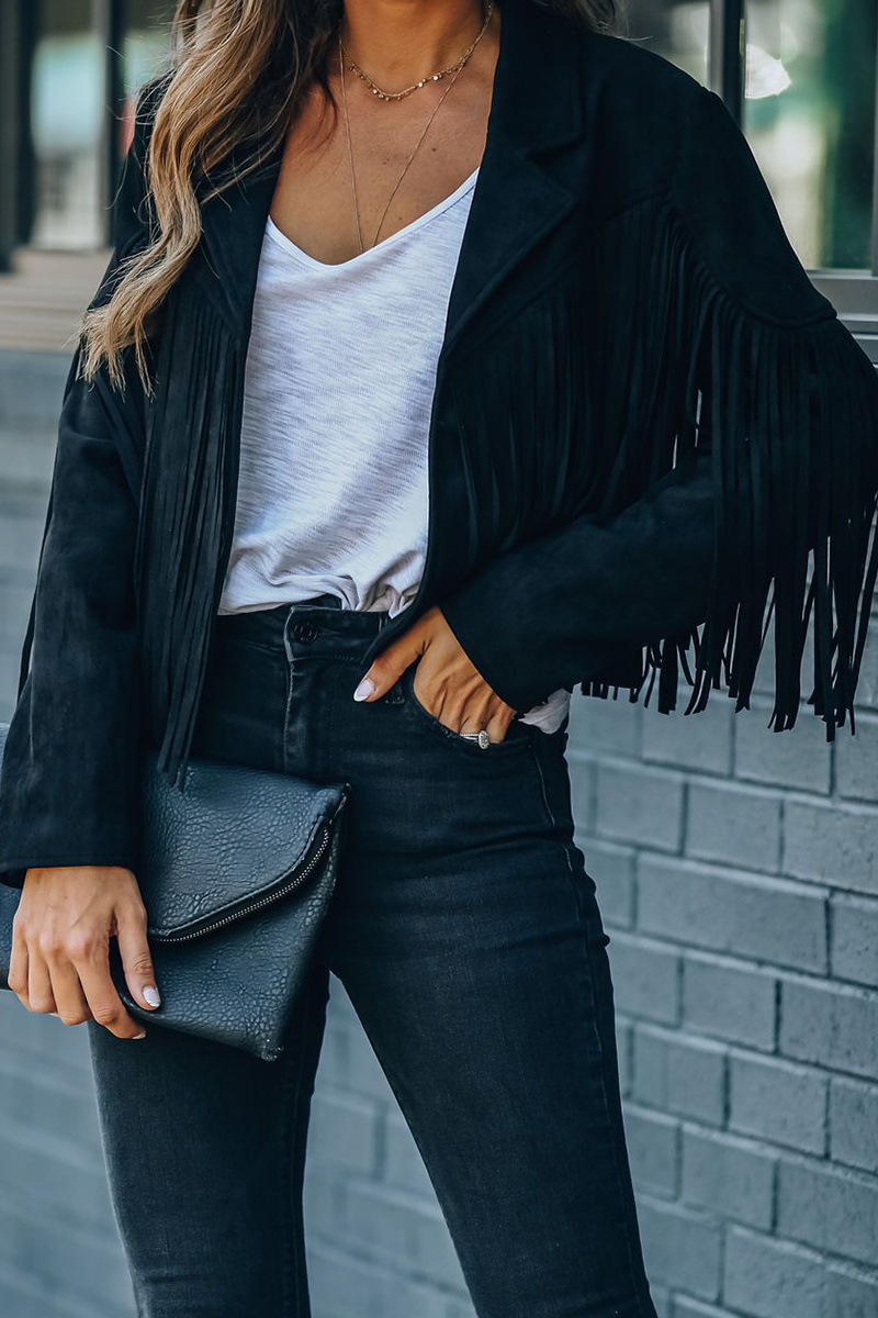 Kaynafashions - Fashion Street Solid Tassel Patchwork Turndown Collar Outerwear