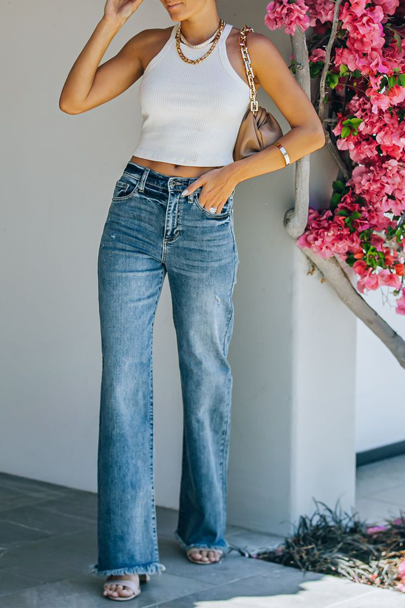 Kaynafashions - Street Solid Patchwork High Waist Straight Denim Jeans