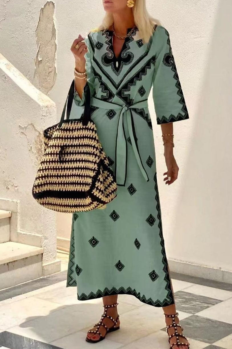 Kaynafashions - Bohemian Elegant Geometric Print With Belt V Neck A Line Dresses