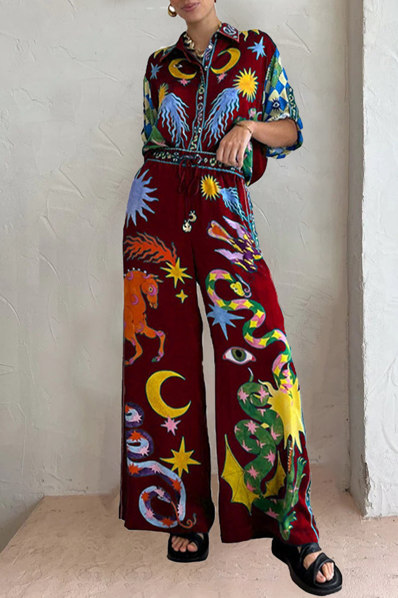 Kaynafashions - Casual Animal Printing Turndown Collar Long Sleeve Two Pieces(3 Colors)