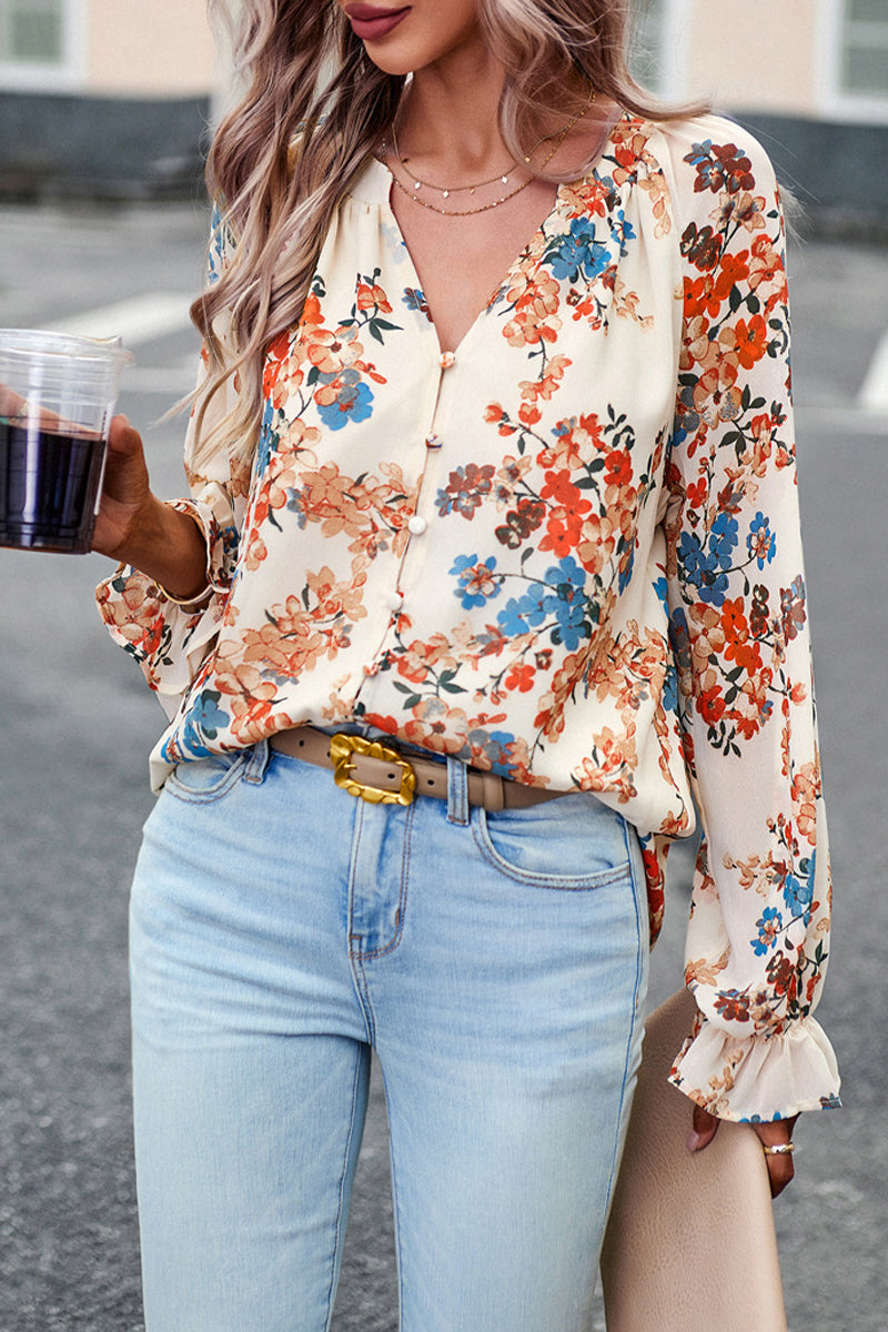 Kaynafashions - Sweet Elegant Floral Buttons V Neck Tops