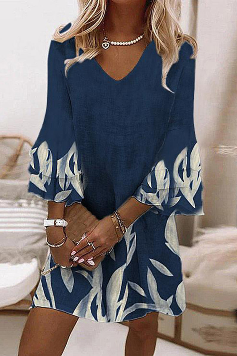 Kaynafashions - Sweet Elegant Print Patchwork V Neck A Line Dresses(3 Colors)