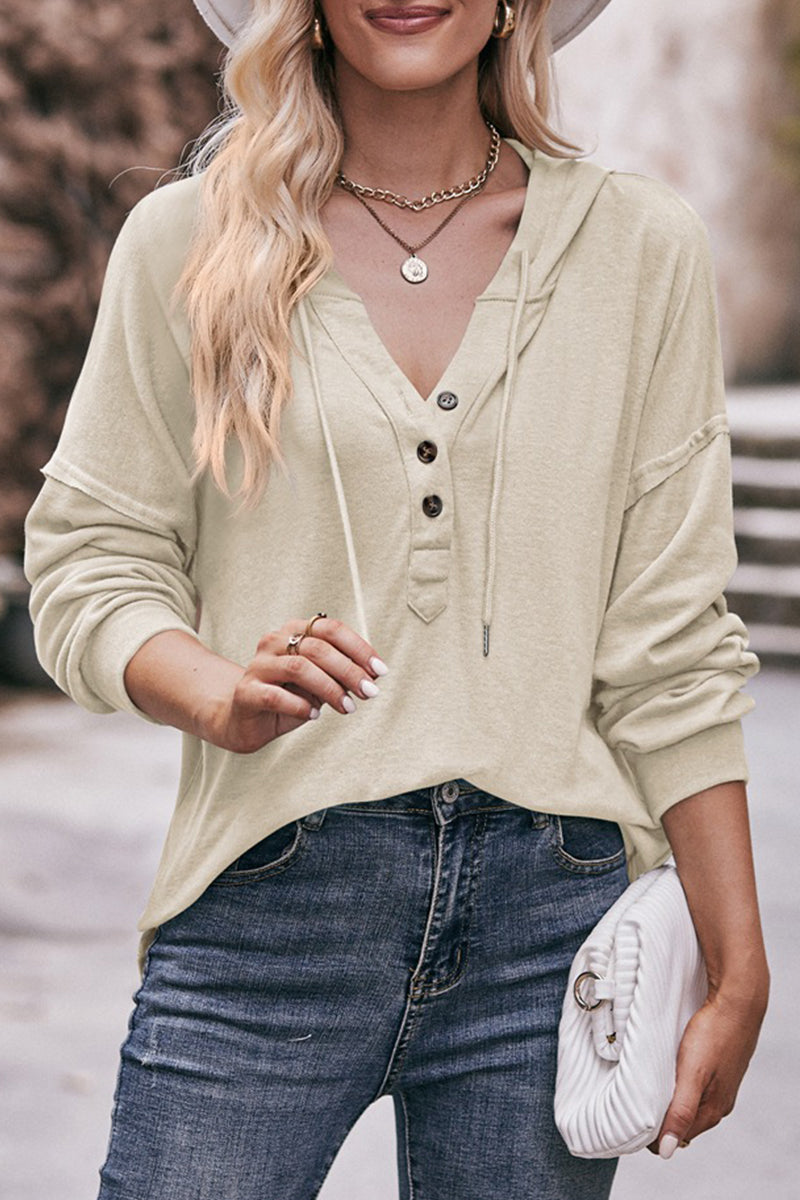 Kaynafashions - Casual Solid Buttons Hooded Collar Tops