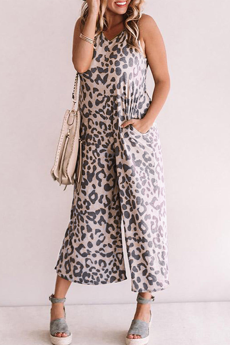 Kaynafashions - Casual College Leopard Pocket Loose Jumpsuits