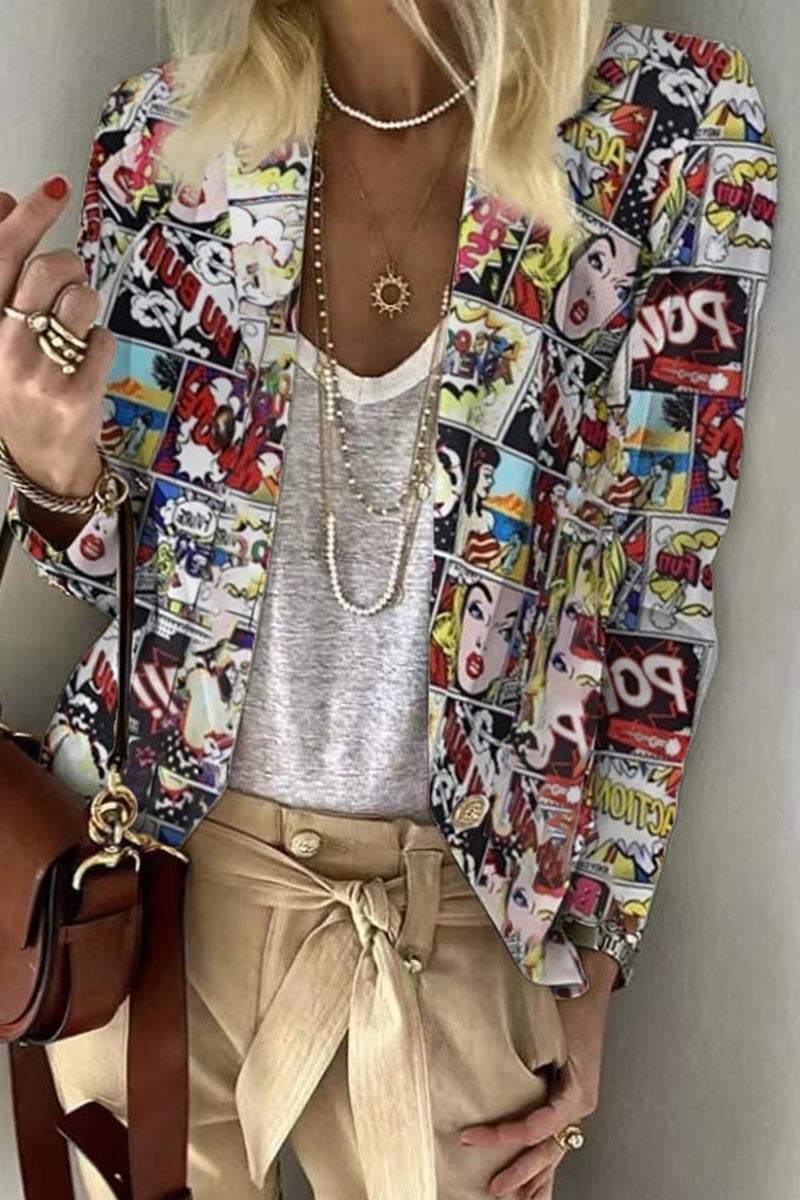 Kaynafashions - Casual Print Patchwork Turn-back Collar Outerwear