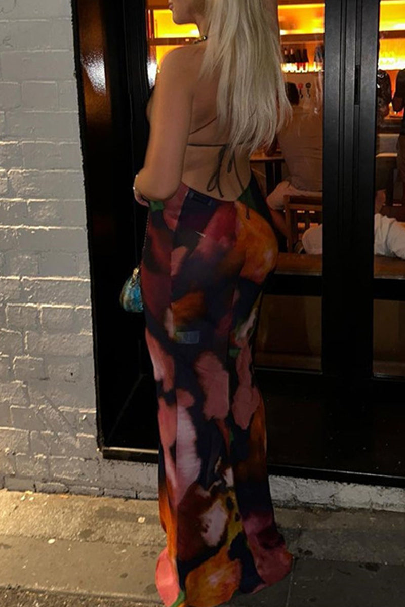 Kaynafashions - Sexy Print Lace See-through Backless V Neck Printed Dress Dresses