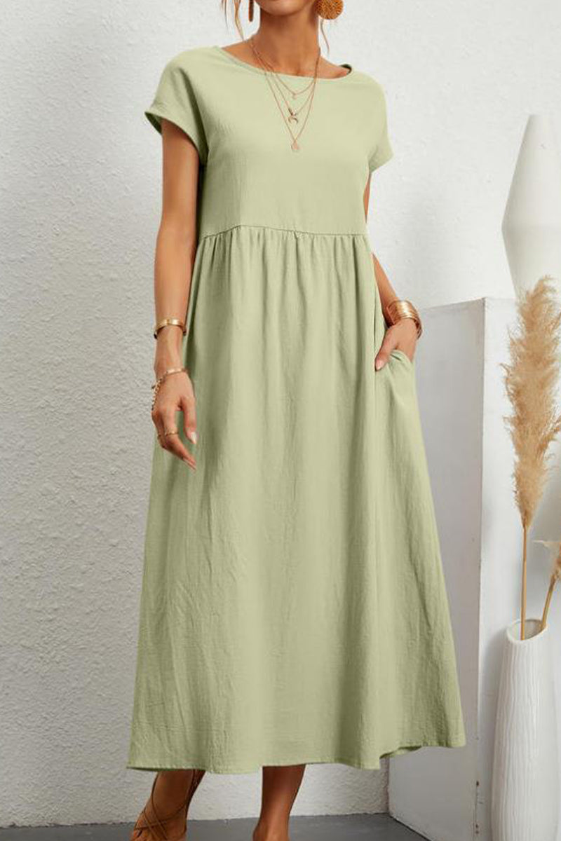 Kaynafashions - Casual Daily Solid Pocket O Neck Short Sleeve Dress(11 Colors)