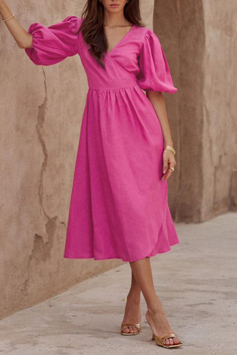 Kaynafashions - Casual Solid Bandage Patchwork Slit V Neck Straight Dresses(3 Colors)