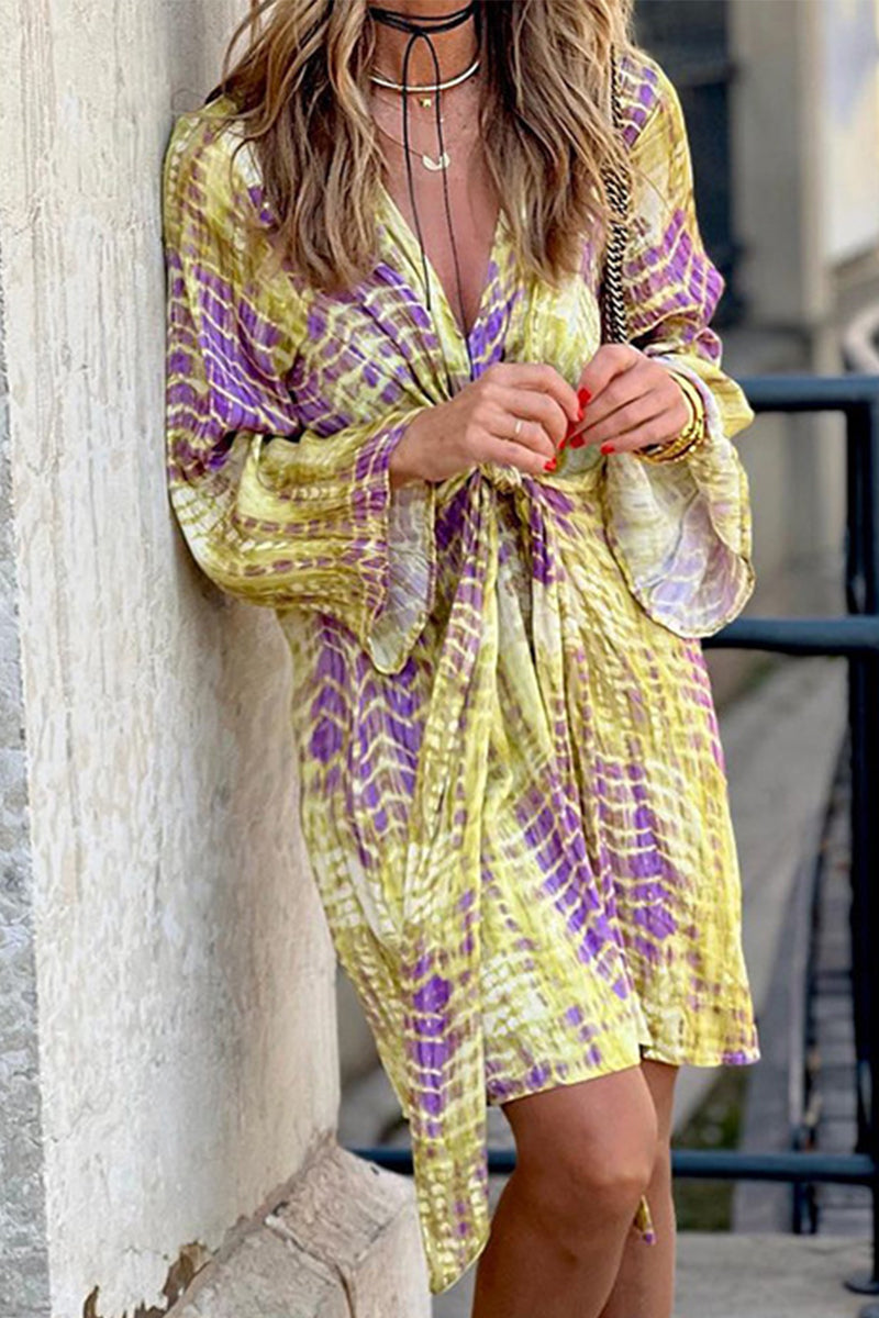 Kaynafashions - Celebrities Elegant Geometric Patchwork V Neck A Line Dresses