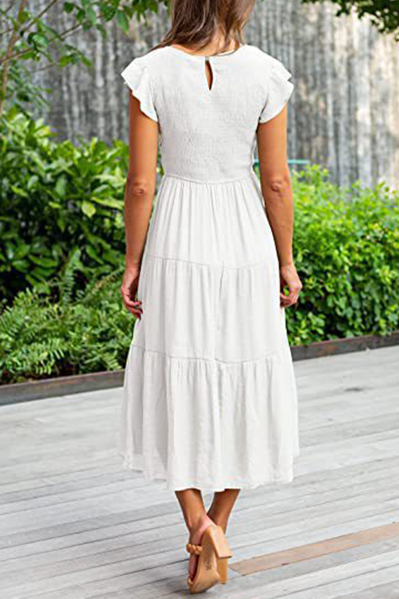 Kaynafashions - Fashion Solid Flounce O Neck Cake Skirt Dresses(9 colors)